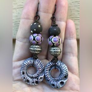 OOAK Sterling, copper, artisan lampwork and polymer clay earrings by Cheryl Zink